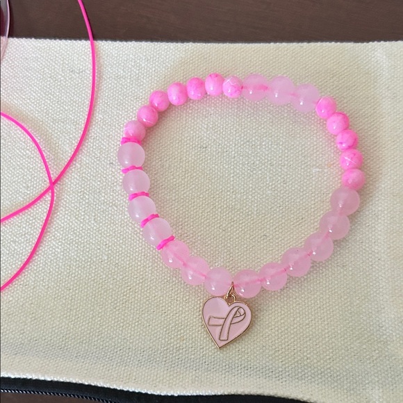 handmade Jewelry - Pink glass Beaded Bracelet with Heart Charm